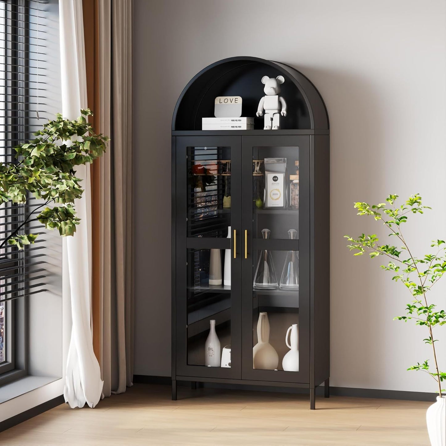 SUPEER Metal Display Cabinet Sideboard Standing Cabinet With Arch Roof, Kitchen Cabinet With 2 Glass Doors, Glass Display Cabinet For Living Room, Bedroom, 185 X 80 X 40 Cm