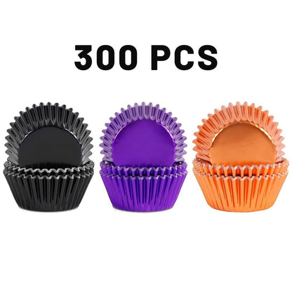 300 Pcs Halloween Foil Cupcake Liners Black Purple Orange Foil Metallic Cupcake Wrappers Halloween Party Standard For Halloween Party Birthday