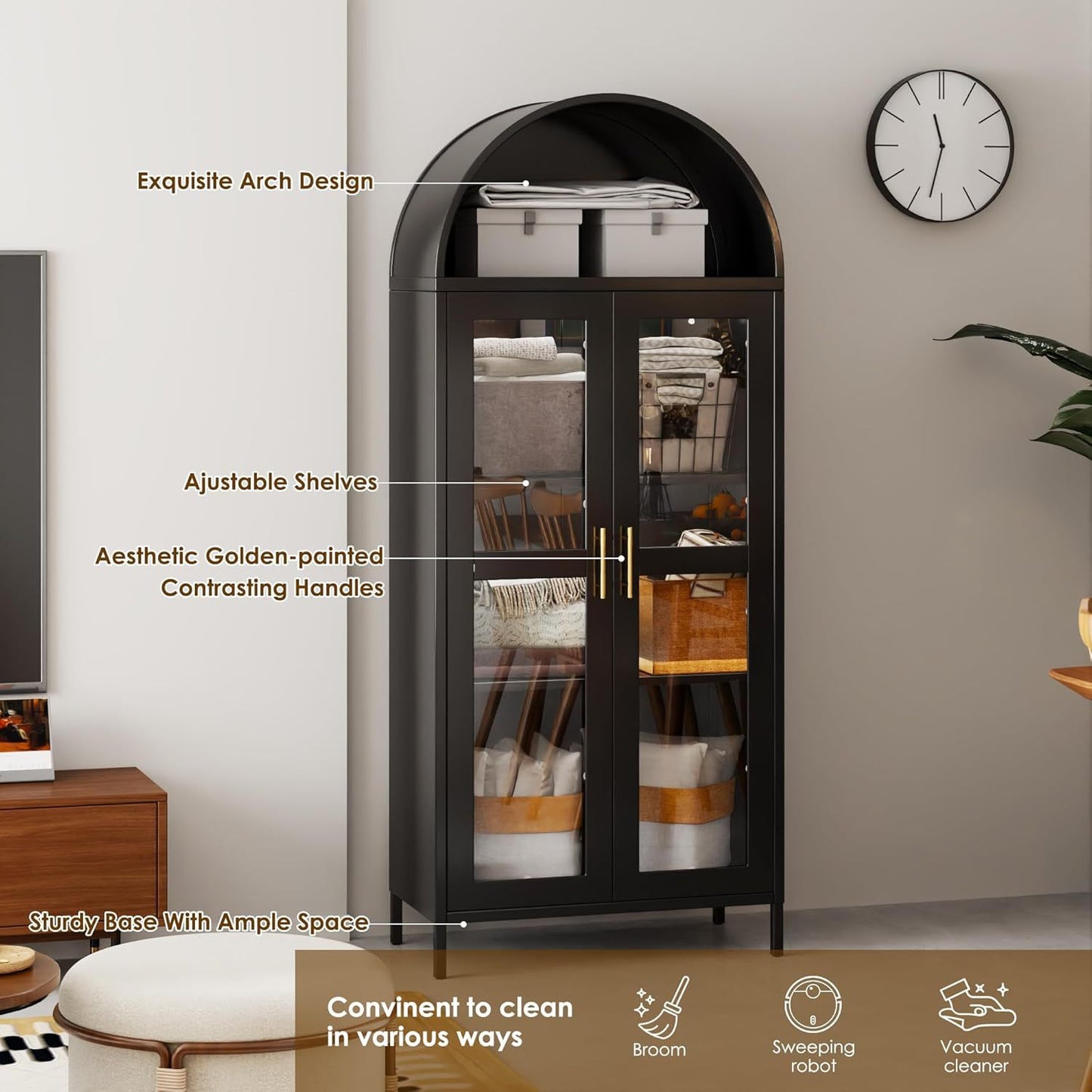 SUPEER Metal Display Cabinet Sideboard Standing Cabinet With Arch Roof, Kitchen Cabinet With 2 Glass Doors, Glass Display Cabinet For Living Room, Bedroom, 185 X 80 X 40 Cm