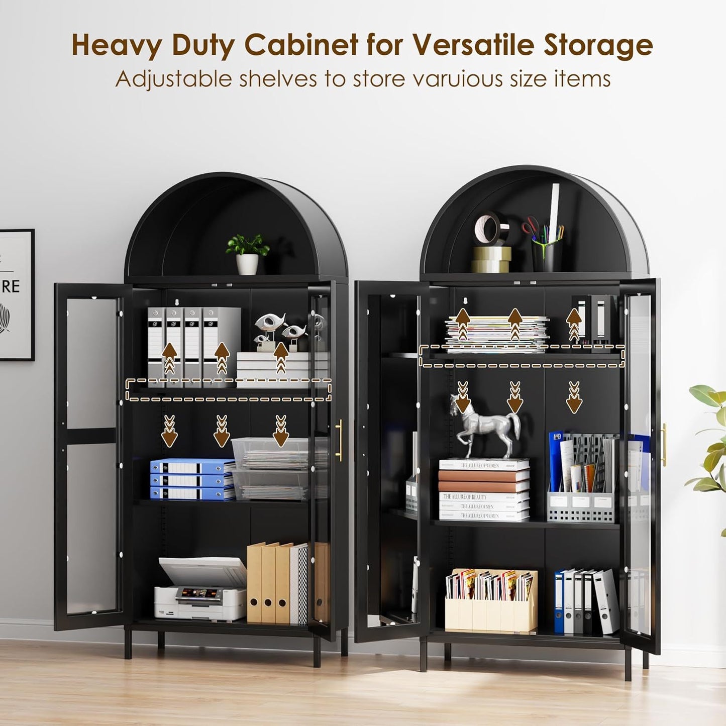SUPEER Metal Display Cabinet Sideboard Standing Cabinet With Arch Roof, Kitchen Cabinet With 2 Glass Doors, Glass Display Cabinet For Living Room, Bedroom, 185 X 80 X 40 Cm